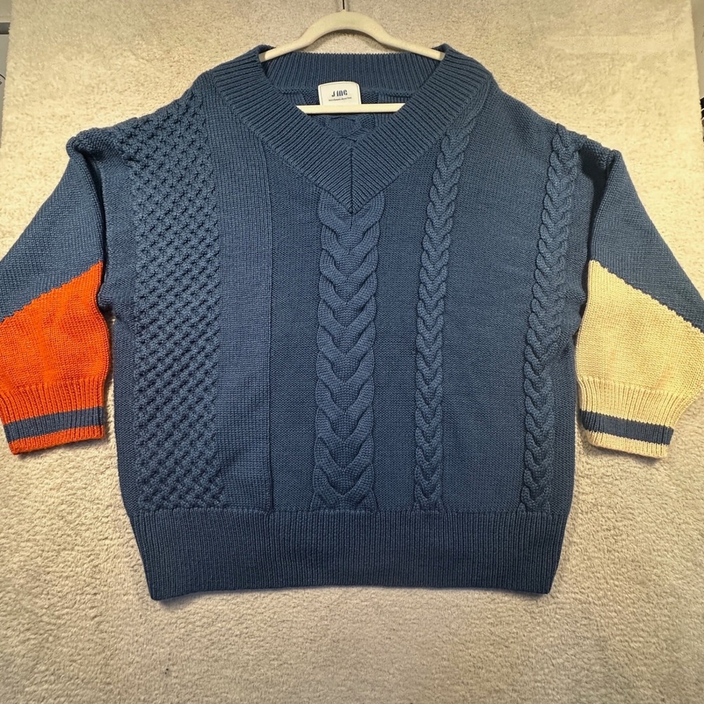 J.ING Blue V-Neck Cable Knit Sweater Color Block M/L Wool Blend Baggy‎ Oversized